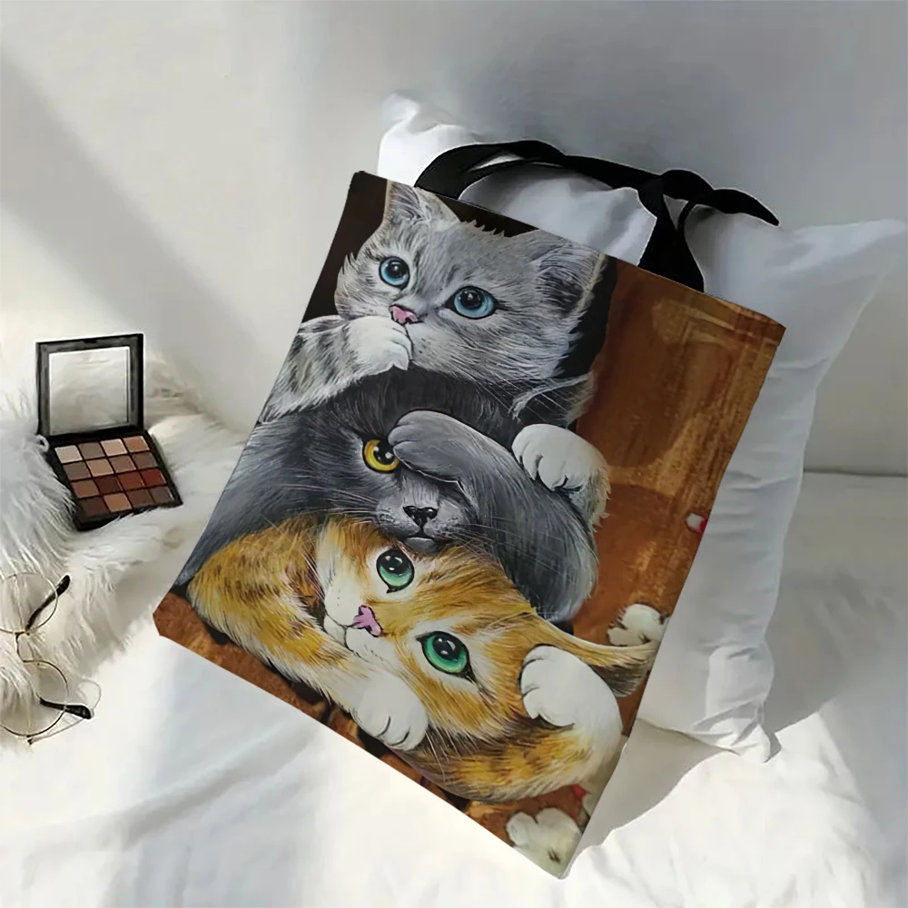 Tote Bag With Cartoon Cats Oil Painting Reusable Foldable Leisure Handbag Portable Shoulder Bag For Class Shopping Gym