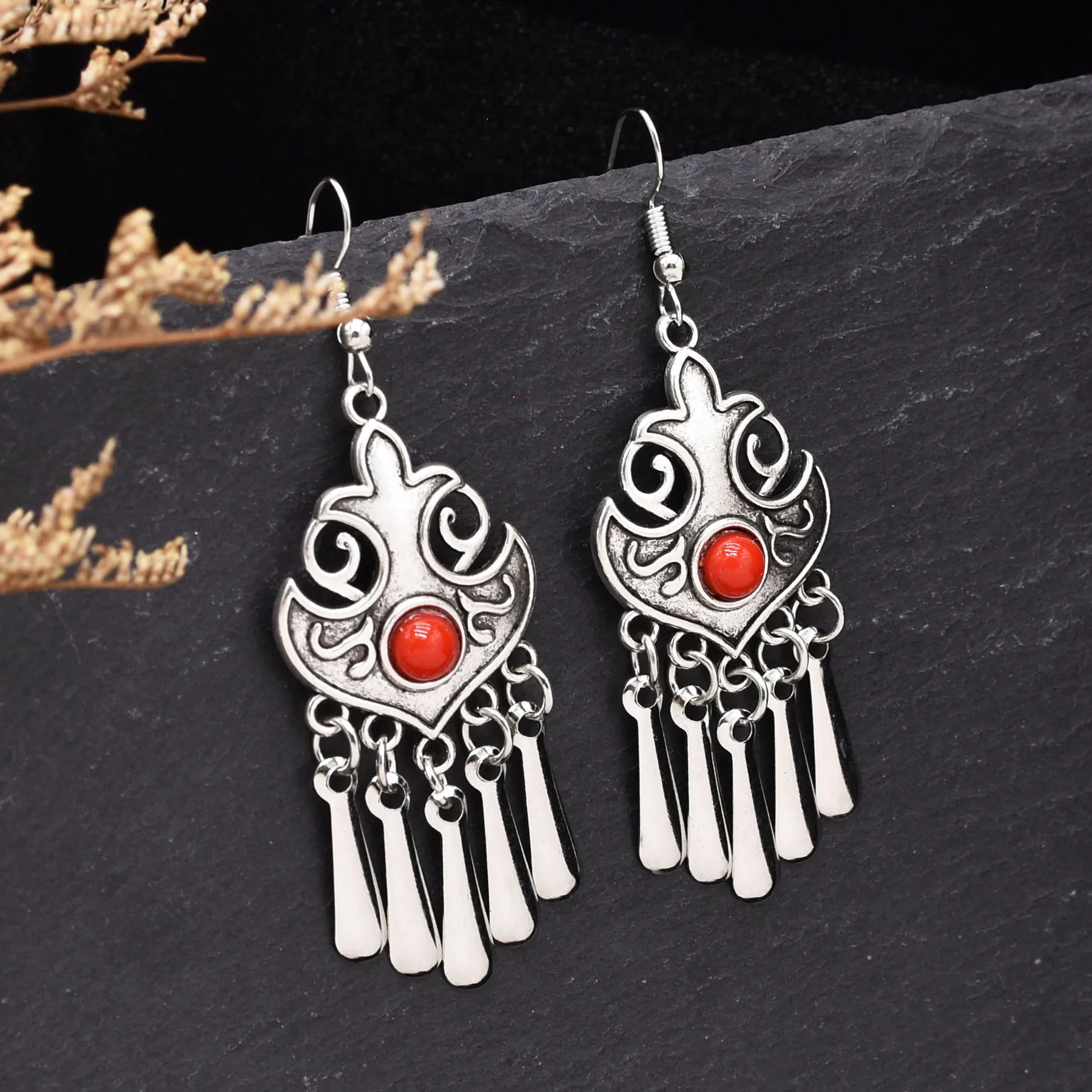 Indian Vintage Oxidized Silver Color Metal Drop Earrings for Women Boho Blue Black Stone Hanging Earrings Arab Ethnic Jewelry