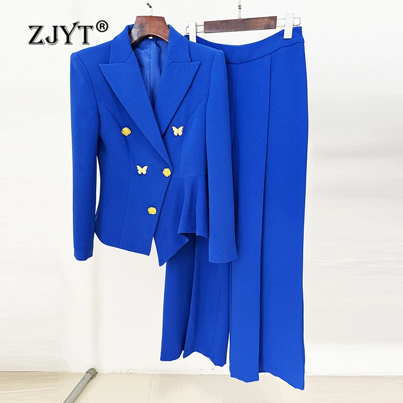 

ZJYT Elegant Irregular Slim Fit Blazer Wide Leg Pants Sets for Women 2 Pieces Suits Blue Outfit Jacket Trousers Matching Set