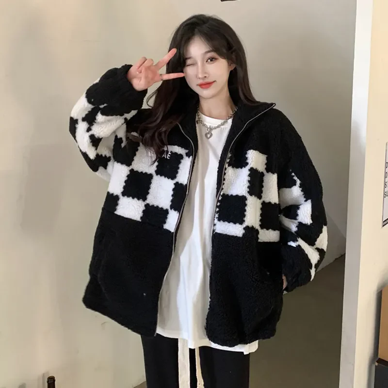 Loose Thick Zipper All-Match Casual Collar Cardigan Tops Autumn Winter New Chessboard Stitching Lamb Wool Jacket Women's Outwear