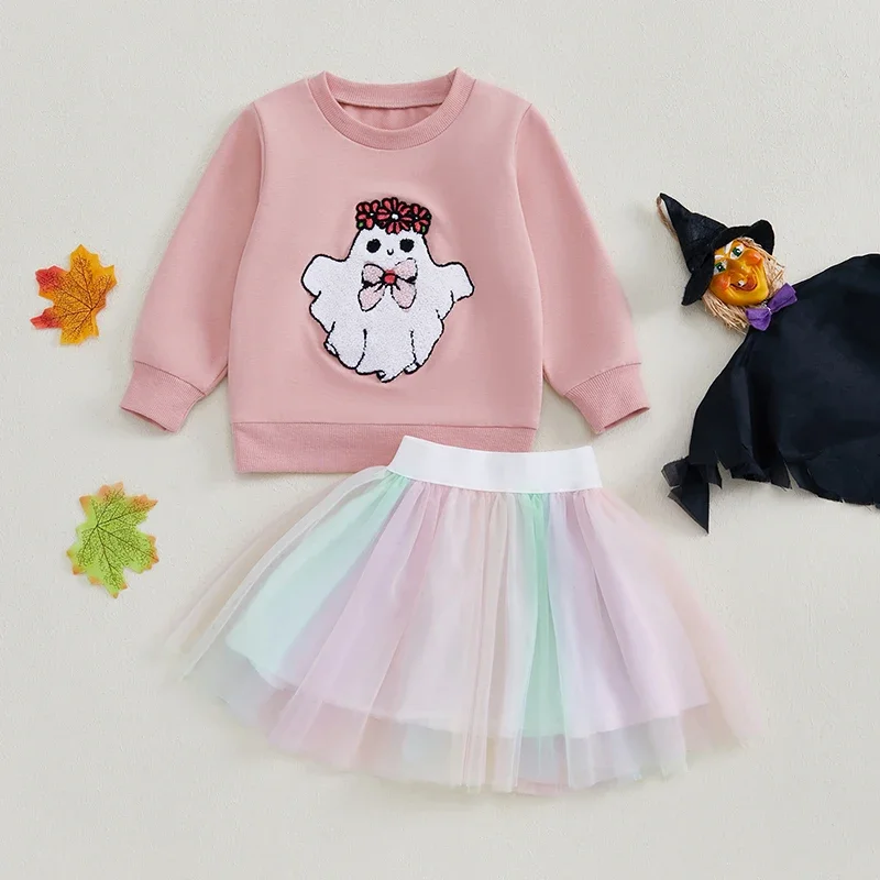 Toddler Children's Clothing Girls 2Pcs Halloween Outfits Ghost Embroidery Sweatshirt + Tulle Skirt Set Newborn Clothes