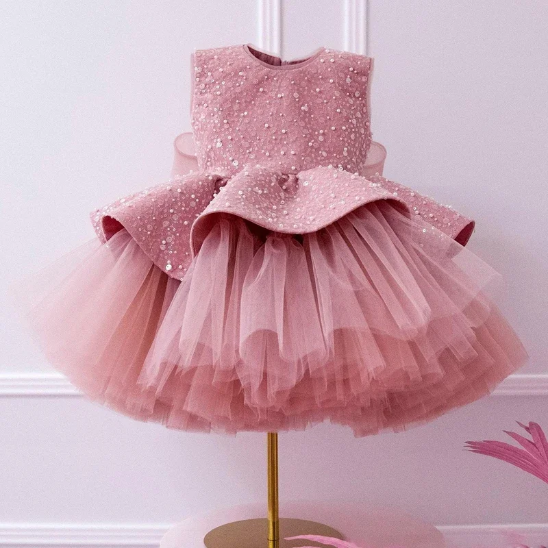 

2025 new fashion light luxury sequined tutu skirt baby birthday banquet carnival performance Dress Girls' bow princess dress
