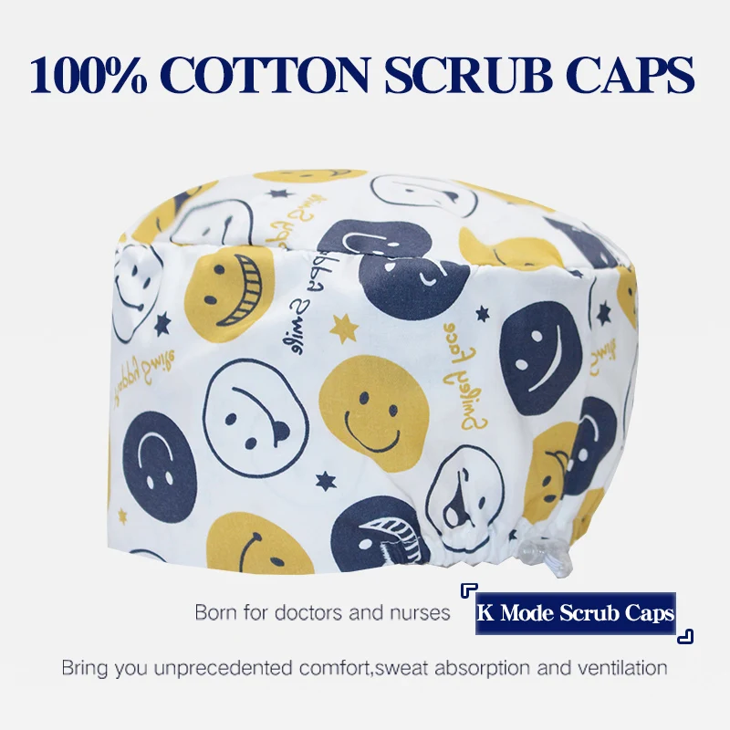 Cartoon Smiley Unisex Scrub Caps Women Nurse Hat for Long Hair Pet Hospital Working Hats Durable Dental Clinic Nursing Cap K1066