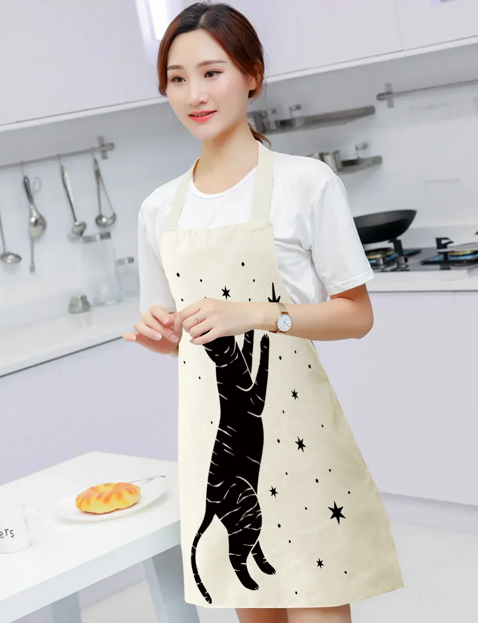 Black Cute Cat Printed Kitchen Cooking Baking Aprons 55x68cm Sleeveless Cotton Linen for Women Man Home Delantal Cocina