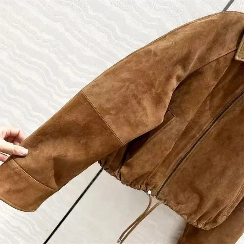 Damska kurtka z prawdziwej skóry w kształcie pąka kwiatu, modna, dziecięca, zamszowa, ze sznurkiem, krótki płaszcz w stylu streetwear, swobodna, Casaco Feminino