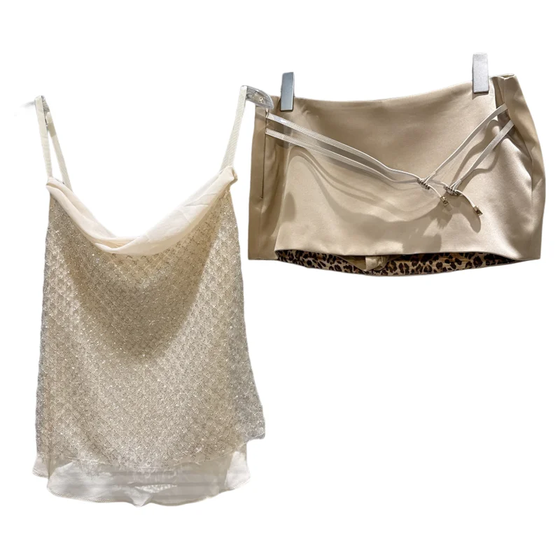 

iny Sequin Me, жилет с ремешком, леопардовый принт, внутренняя юбка, комплект, женская мода, осень 2025, комплект из двух предметов, легкий...