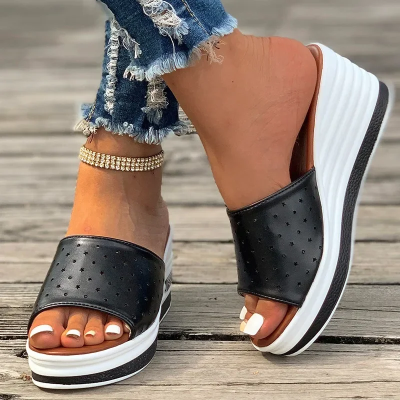 High-heeled Flat Wedge Heel Open Toe Simple Women\'s Sandals 2024 New Hot Selling Solid Color PU Shoes for Women Zapatos De Mujer