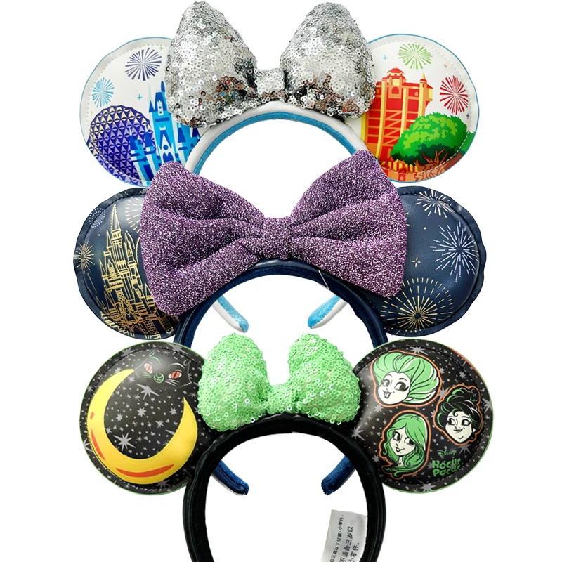 Новая повязка на голову с бантом и Микки Маусом Диснея, головной убор с замком для девочек и женщин, аксессуары для волос для косплея с ушками фокуса-покусом