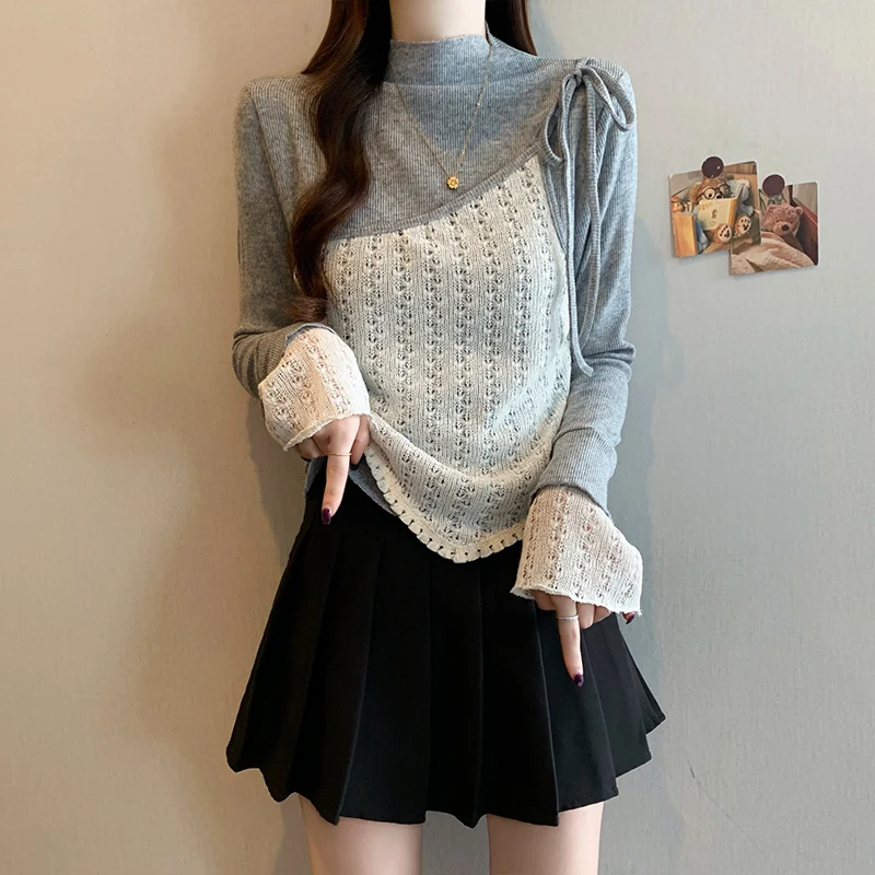 

Faionable Lace Underlay T-irt Top plus Size Women's Spring Autumn New Sle European Sle Commute Sle Artistic Sle