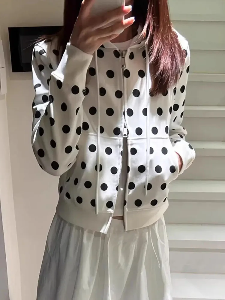 Cárdigan corto con estampado de lunares para mujer, chaqueta coreana con capucha y cremallera, sudadera con capucha, ropa para mujer, sudaderas para mujer, ropa Y2k