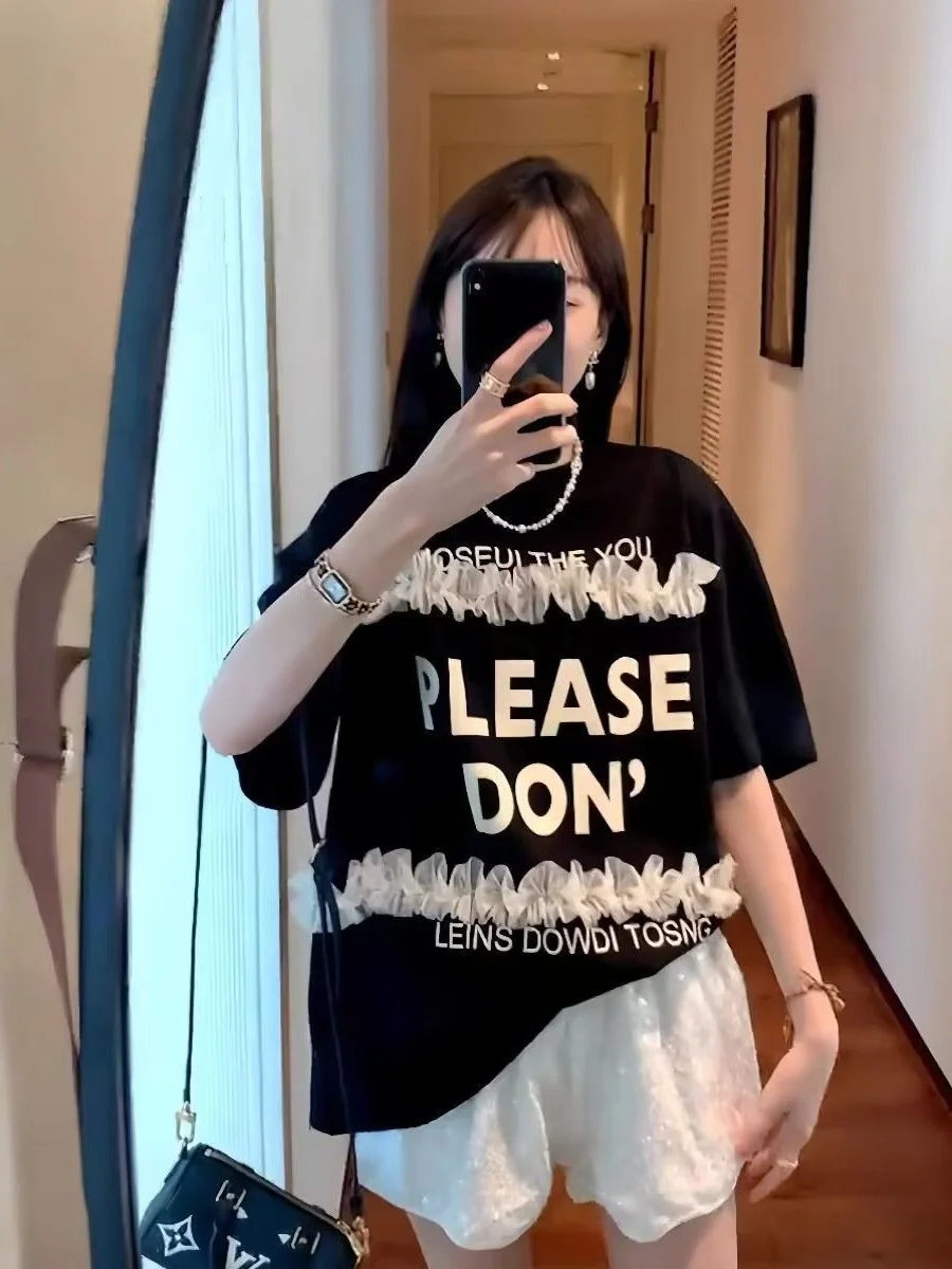 

plus Size 300 Pou Korean Sle ort Sve T-irt Women's Lace Splicing Base irt Design Sense Summer Top Large Size