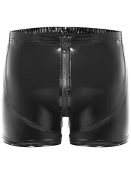 S-5XL Shiny Faux PU Leather Shorts Wet Look PVC Trunks Zipper Boxer Briefs Tights Boxershorts Micro Mini Bermudas Calzoncillons