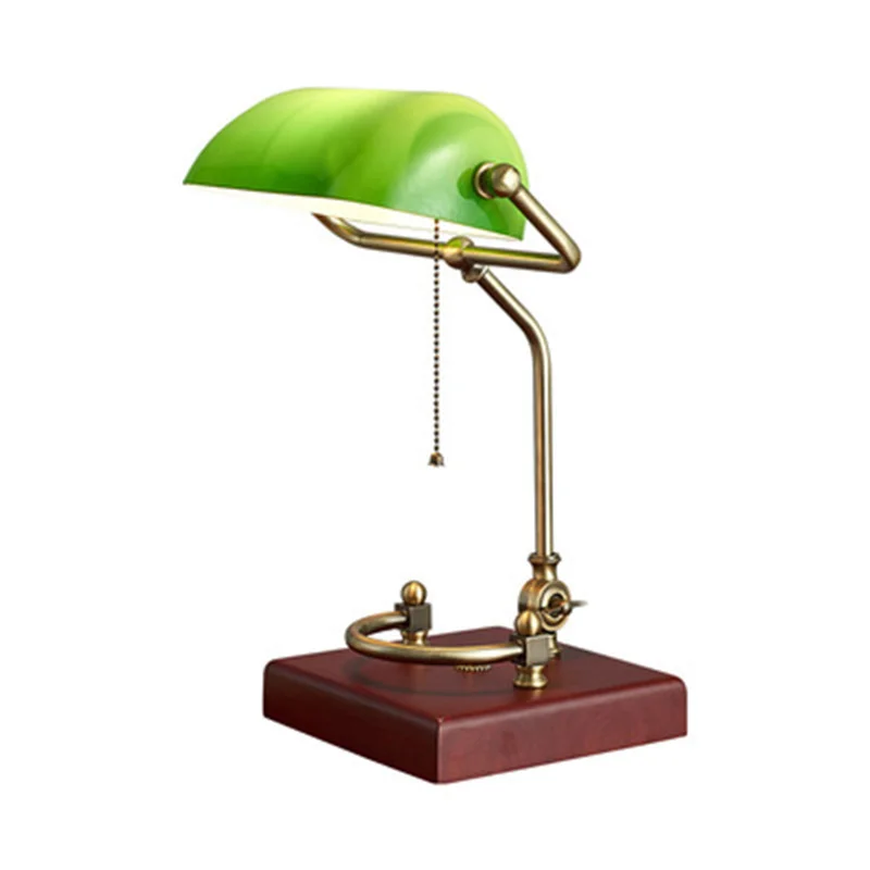 

Table Lamp Green Glass Reading Light Office Bedroom Study Bed Side Led Desk Lamp Wooden Base Banker Classical Table Lamp