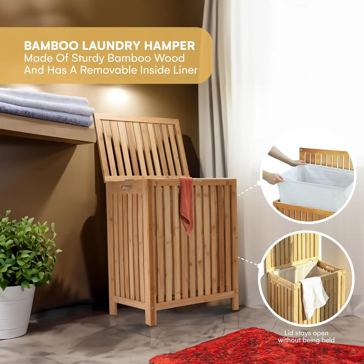 

Laundry Hamper - 25x20x13-Inch Waterproof Bamboo Basket with Lid - Functional Clothes Hamper