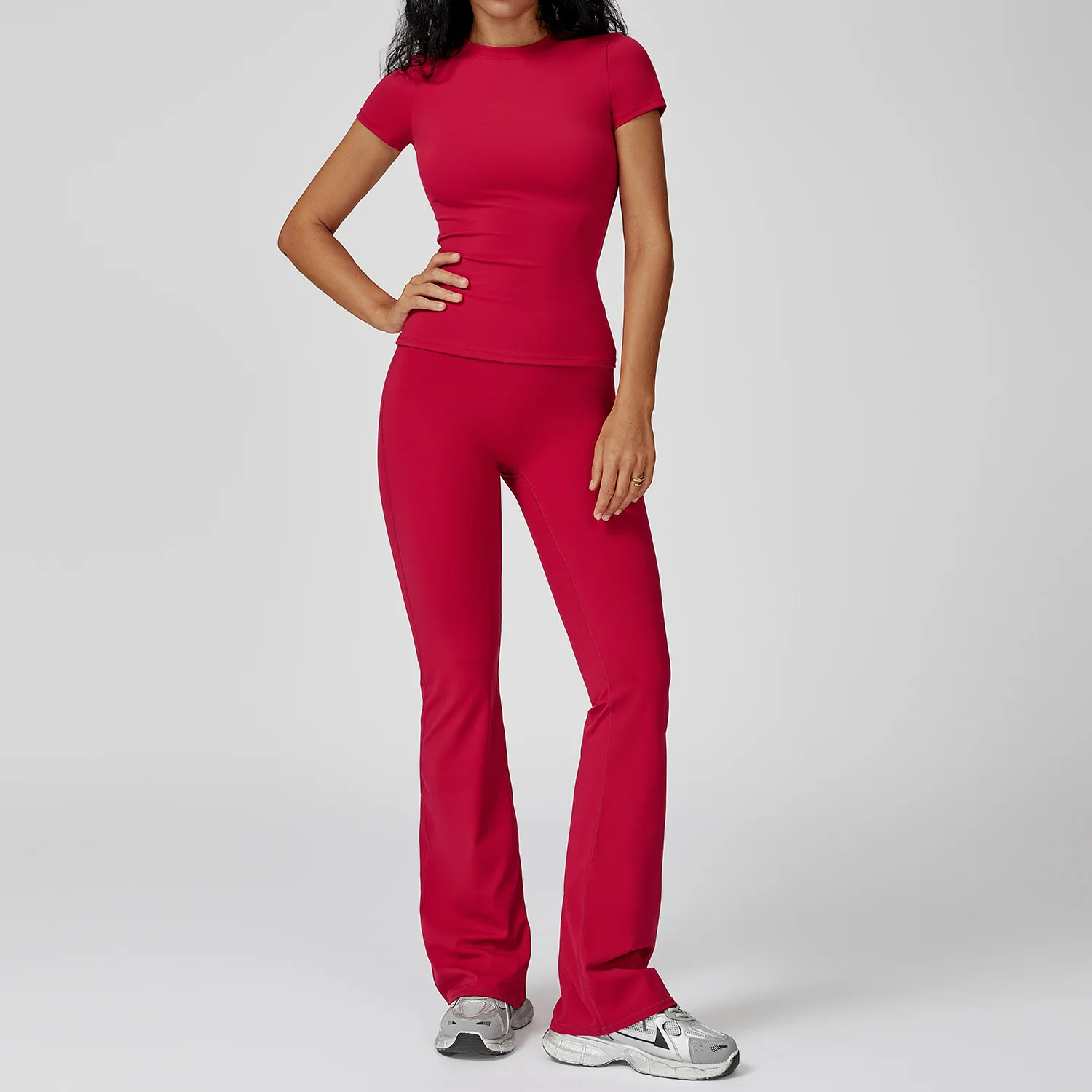 2PCS Yoga Set Women Tracksuits Seamless Workout Set Sportswear Gym Clothing Fitness Sshort Sleeve Crop Top High Waist Leggings