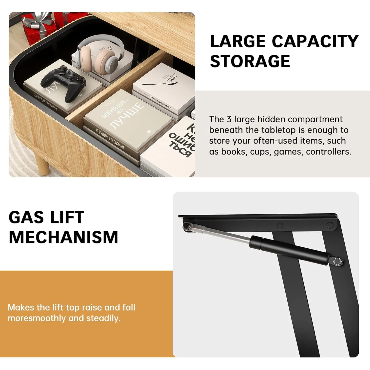 Coffee Table, Fluted Lift Top Coffee Tables For Living Room, Center Tables With Hidden Compartment, Modern Oval Coffee Table For