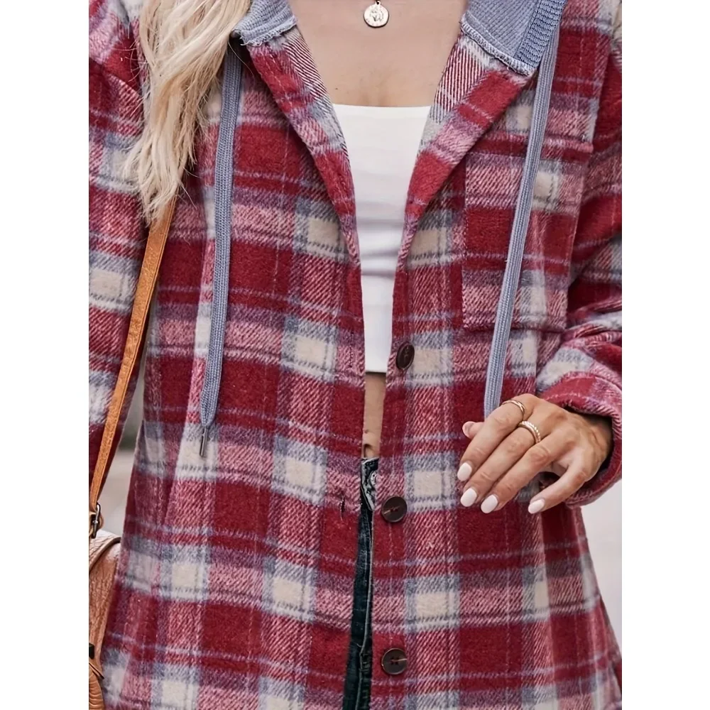 حجم كبير 1XL-5XL المرأة موضة كم طويل الخريف والشتاء الفانيلا منقوشة سترة السيدات عادية زر وهمية الرقبة سترة