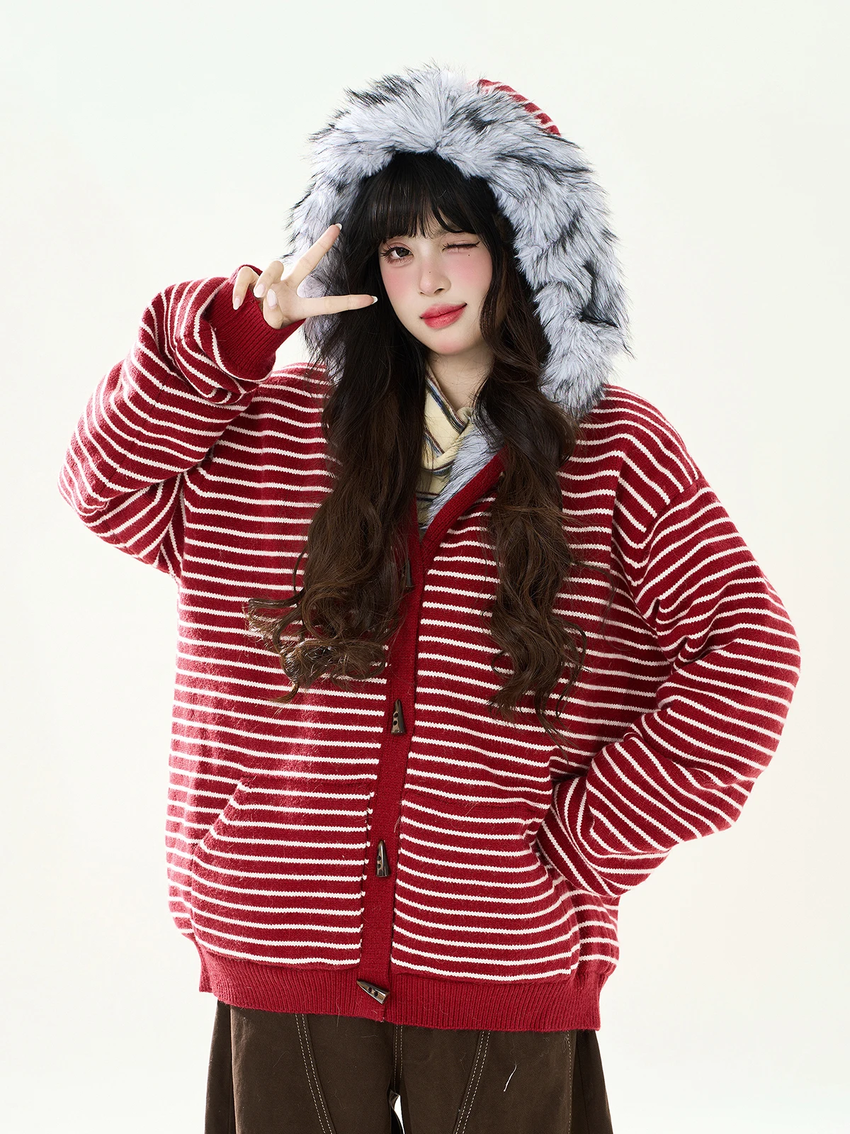 

ENJOG American Sle Thiened Knitted Fluffy Cotton Jaet Women's Winter Loose Fit Coat Casual Loose Nylon Fiber Long Sve