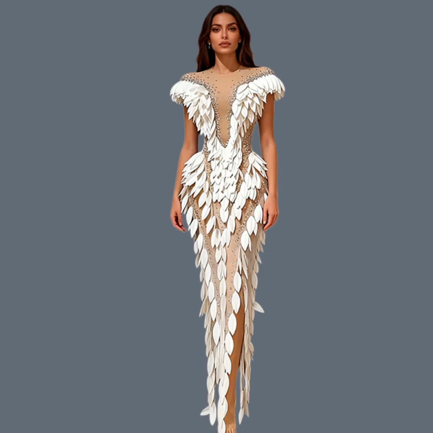 

Sparkly Diamond Prom Dress Women Maxi Dress Elegant Eveing Birthday Party Dress Sexy Nightclub Performance Stage Costume Baige