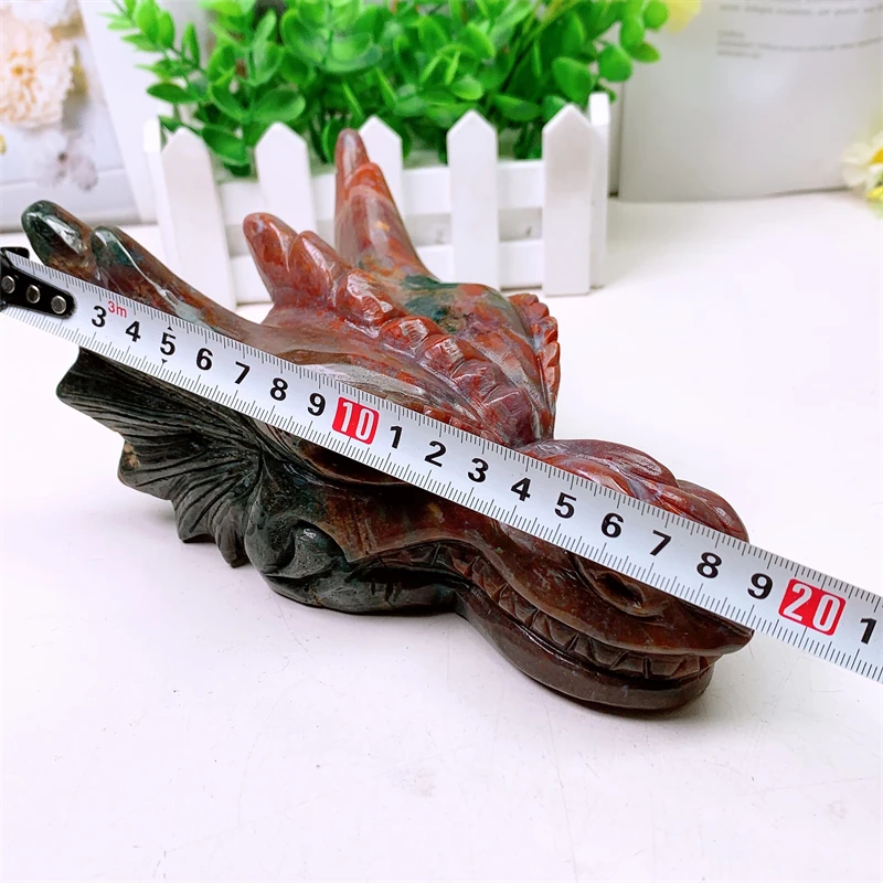 1Pc Natural Green Jade Ocean Jasper Dragon Skull Carving 19cm Healing Fengshui Animal Statue Room Decoration Ideal Holiday Gift