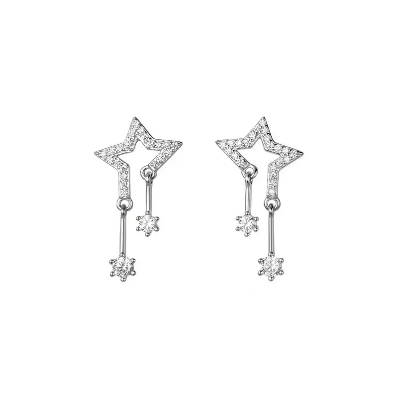 Anting Bintang Zirkon Berkilau Kepribadian Mode Perak 925 Anting Kancing Rumbai Liontin Kristal Merek Wanita Perhiasan Wanita
