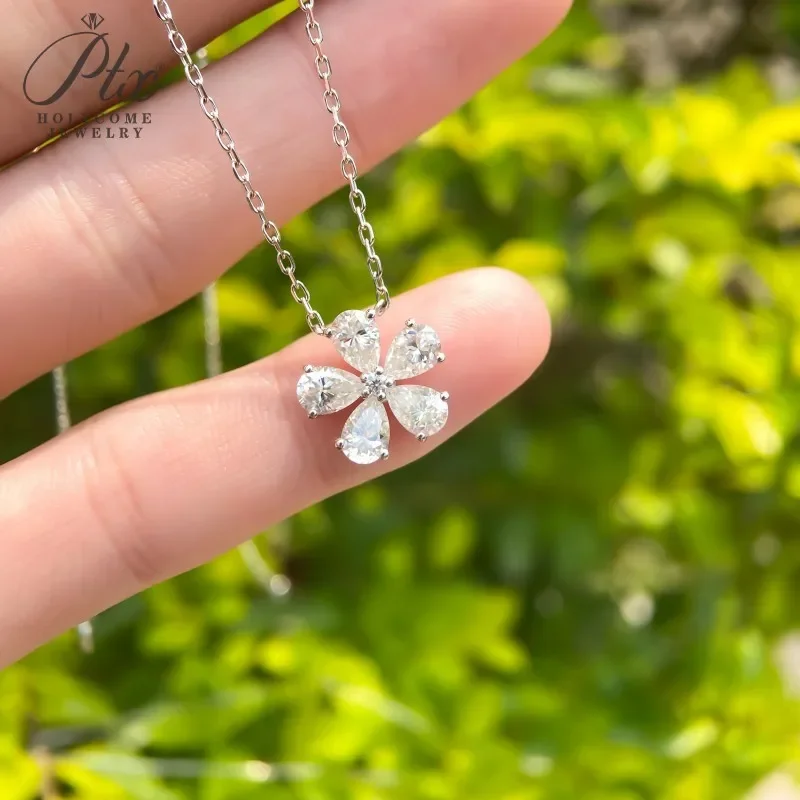 Halskette mit Fünfblättrigem Blumen-Anhänger, Moissanit-Diamant, 925 Sterling Silber Kette, Schmuck für Damen, Hypoallergen, Jubiläumsgeschenk – Detail 5