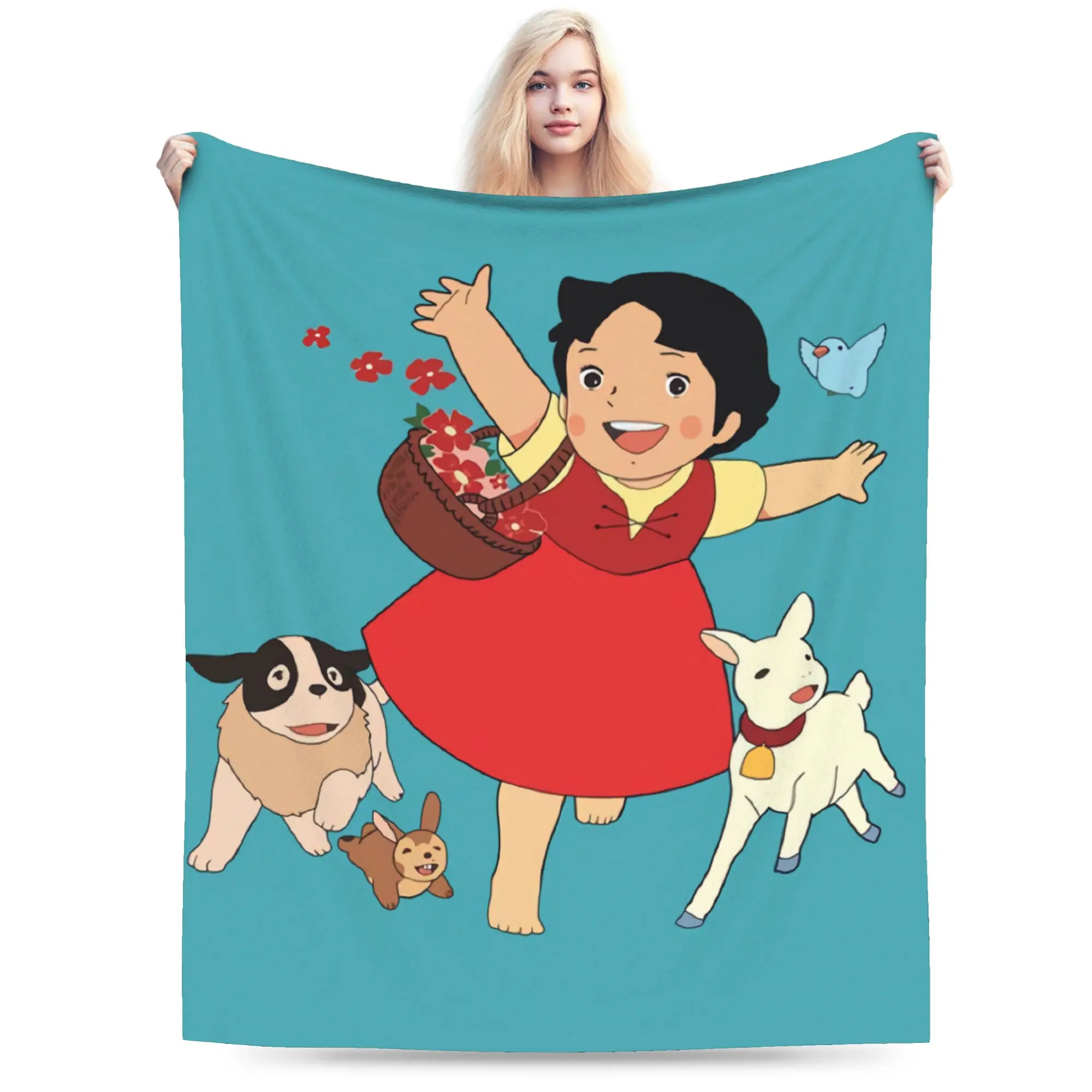 Custom 3D Printed Alps Mountain Girl Happy Heidi Blankets Comfortable Soft Flannel Winter Anime Cartoon Goat for Sofa Office Bed