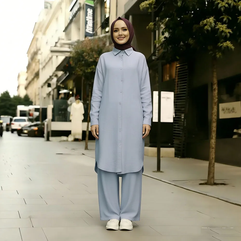 

Muslim Outfit Set for Women Abayas Turkey Dubai Abaya with Long Sleeve Shirt Casual Pants Modest Islamic Clothing Ensembles Arab