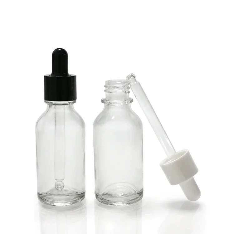 5/10/15/20/30/50/100ml Portable Clear Essential Oil Bottle with Rubber Head Dropper Lid White Plastic Cover Glass Containers