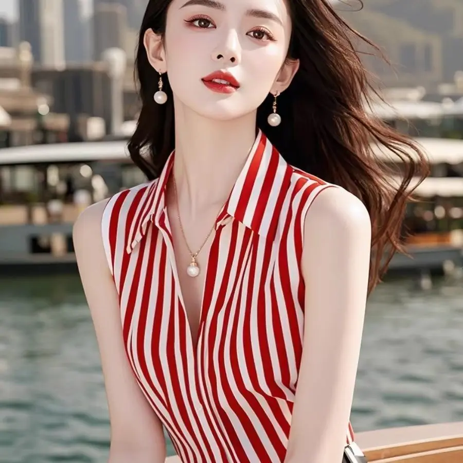 

Ele Striped irt Women's Commute Sle Svel Beautiful Top Korean Version Slim Fit Summer New Arrival Faionable