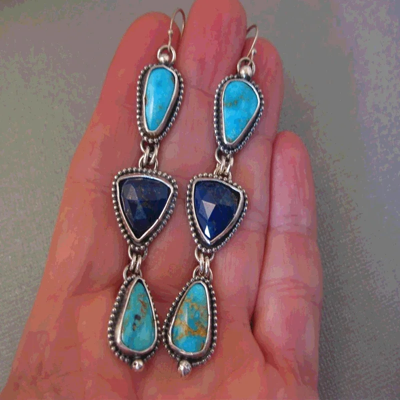 Retro Boho Metal Craftsman Inlaid Green Stone Lapis Lazuli Earrings Hand Stitched Extra Long Ladies Hook Drop Earrings