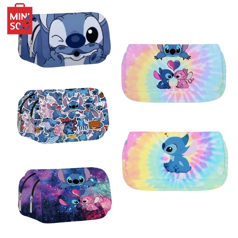 MINISO Stitch Double Layer Pencil Bag 3D Printing Cartoon Primary Student School Supplies Kawaii Anime Writing Case Kids Gifts