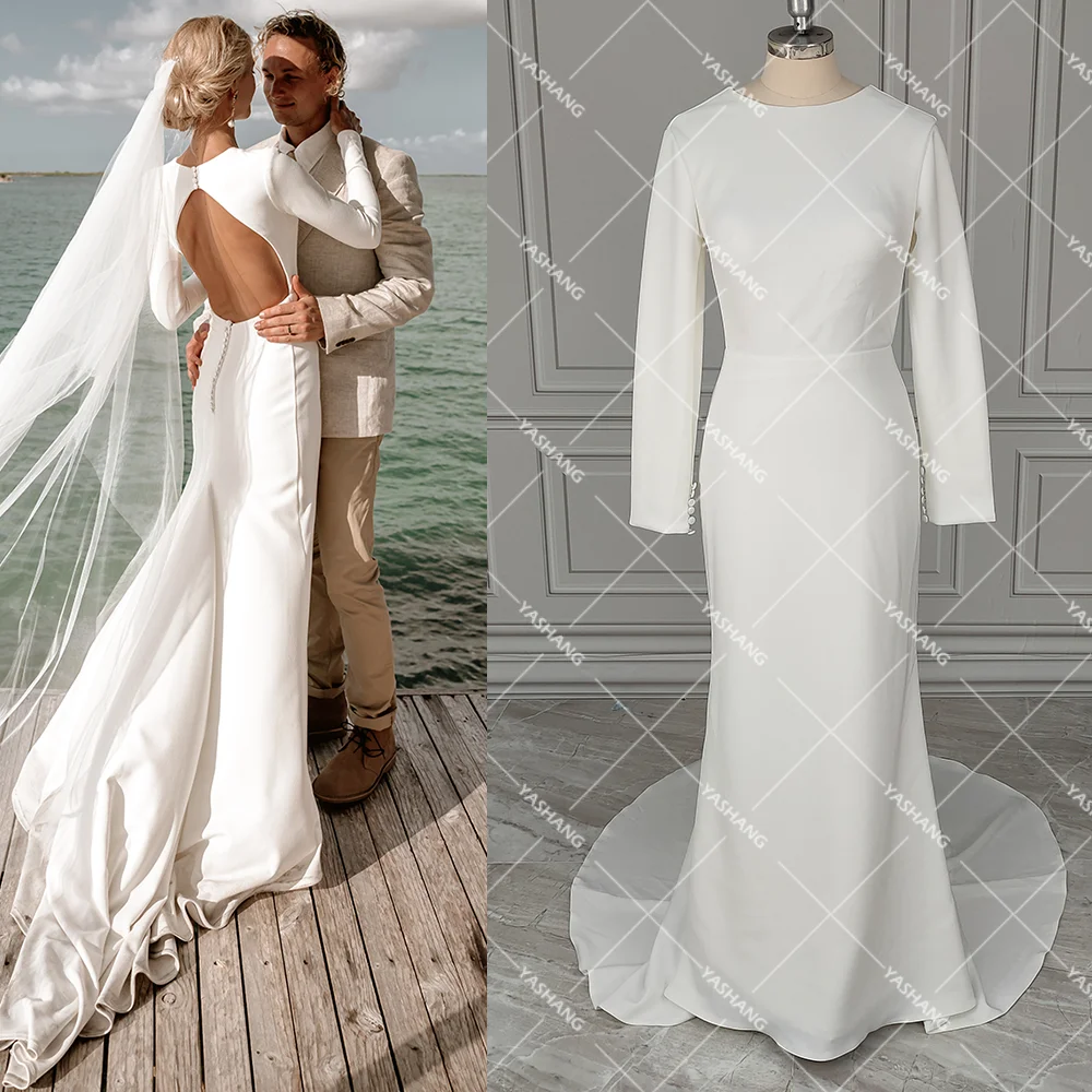 Round Neck Long Fitted Sleeves Sheath Satin Wedding Dress Drop Ship Open Back Covered Buttons Crepe Beach Column Bridal Gowns