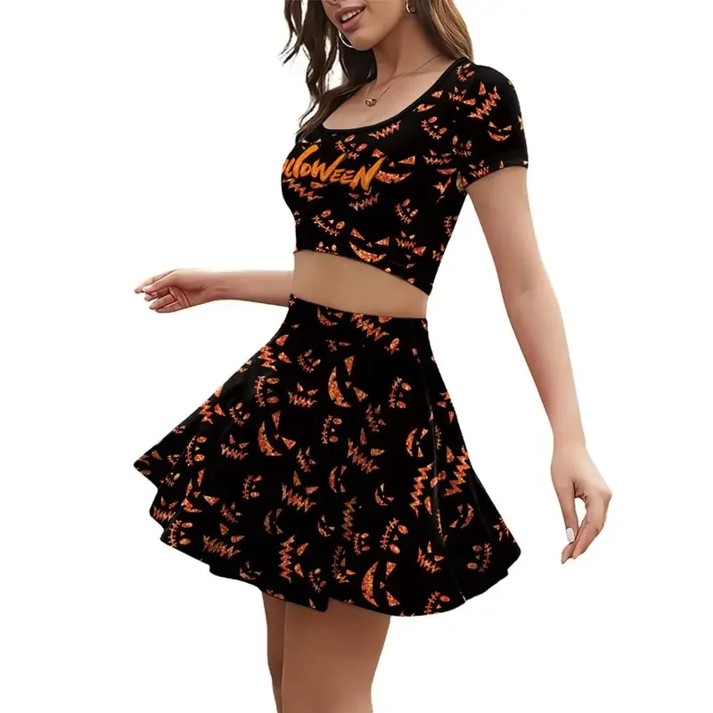 女性ハロウィンチアリーディングコスチュームドレスゴーストフェイスプリントチアリーディング半袖プリーツスカートセット制服コスプレ衣装