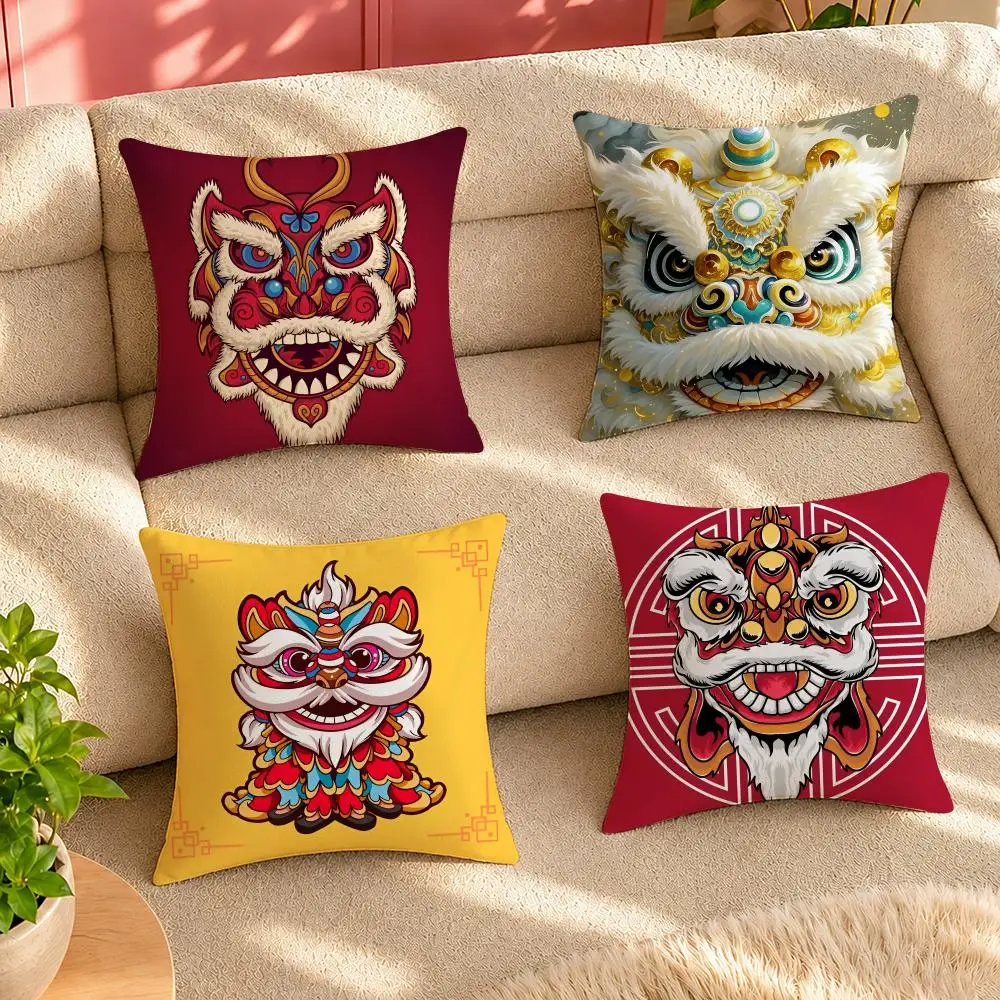 Traditional Dancing Lion Anime Lucky Cushion Cover Pillow Cover Decorative Throw Couch Home Decor for Living Room Sofa