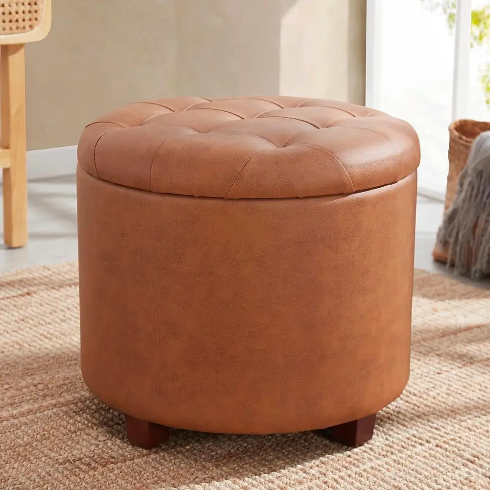 

Decor Round Ottoman with Storage, Round Vanity Chair Stool Ottoman Pou with Storage or Living Room and Bedroom, aux Leather Cogn