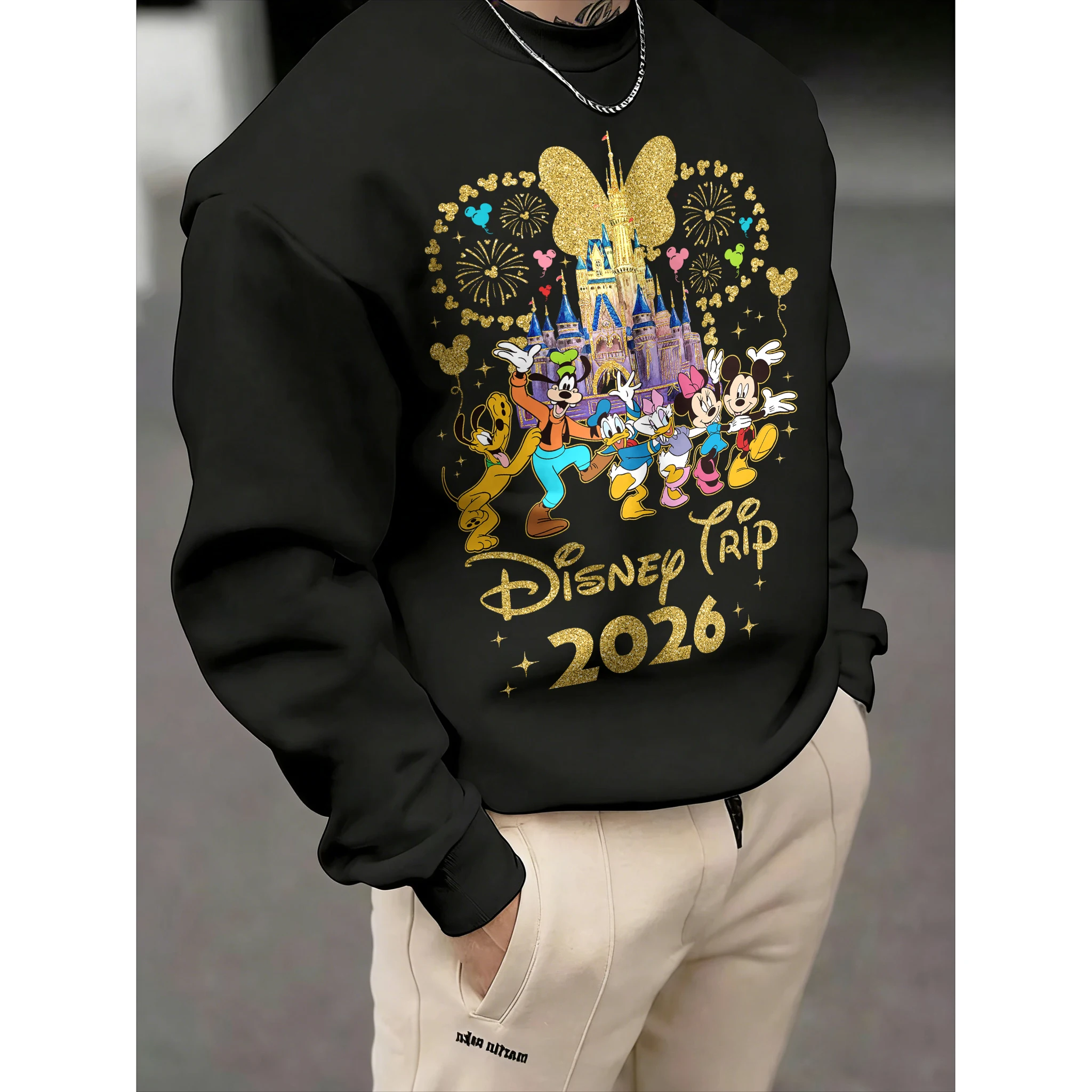 

Мужской свитер с круглым вырезом и принтом «Диснейленд», осень-зима 2026, модный, с начесом, из хлопка, теплый, свободный, повседневный