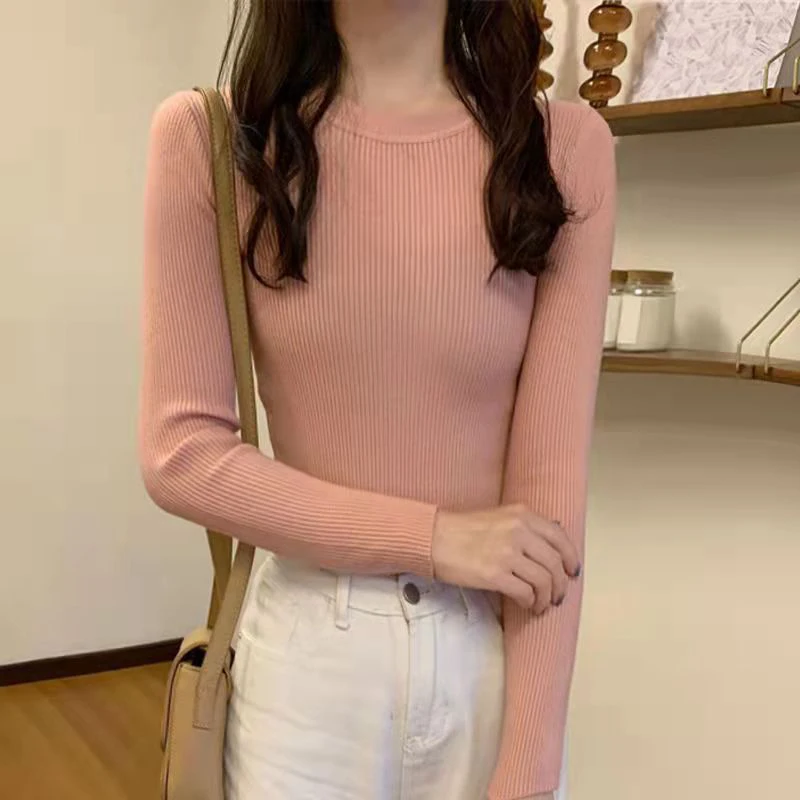 Rimocy Basic Round Neck Knit Sweater Women Spring Autumn Ribbed Long-sleeved Sweaters Woman Solid Color Slim Fit Pull Femme 2022