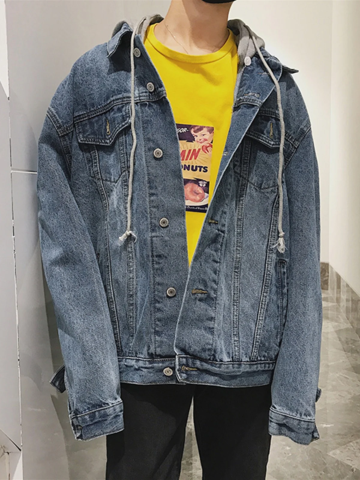 

Осенняя мужская джинсовая куртка с капюшоном, свободная посадка, корейская модная студенческая повседневная ветровка в стиле Харадзюку BF, пальто из полиэфирного волокна