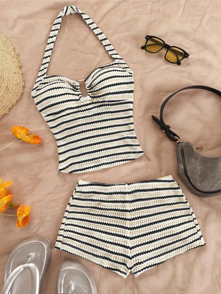 Summer striped halter-neck waffle knit suit - a sexy beach outfit for vacation girls