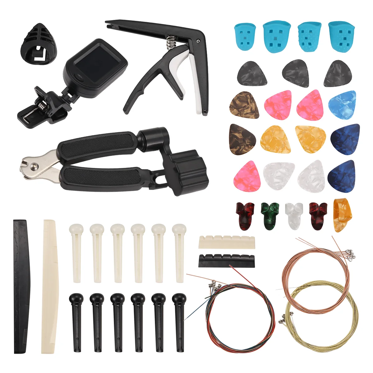 AT77 65 PCS Guitar Accessories Kit with Guitar Strings, Tuner, Capo, Picks, Pick Holder, Thumb Finger Picks, Bridge Pins