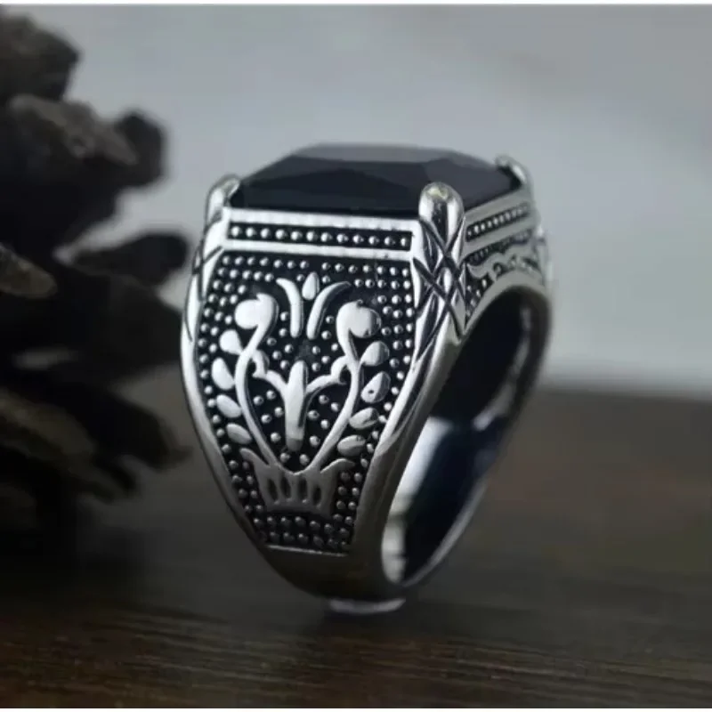 Simplicity Vintage S925 Sterling Silver Mens Tulip Signet Rings With Black Stone Retro Flower Engraved Punk Rock Jewelry Gift 3