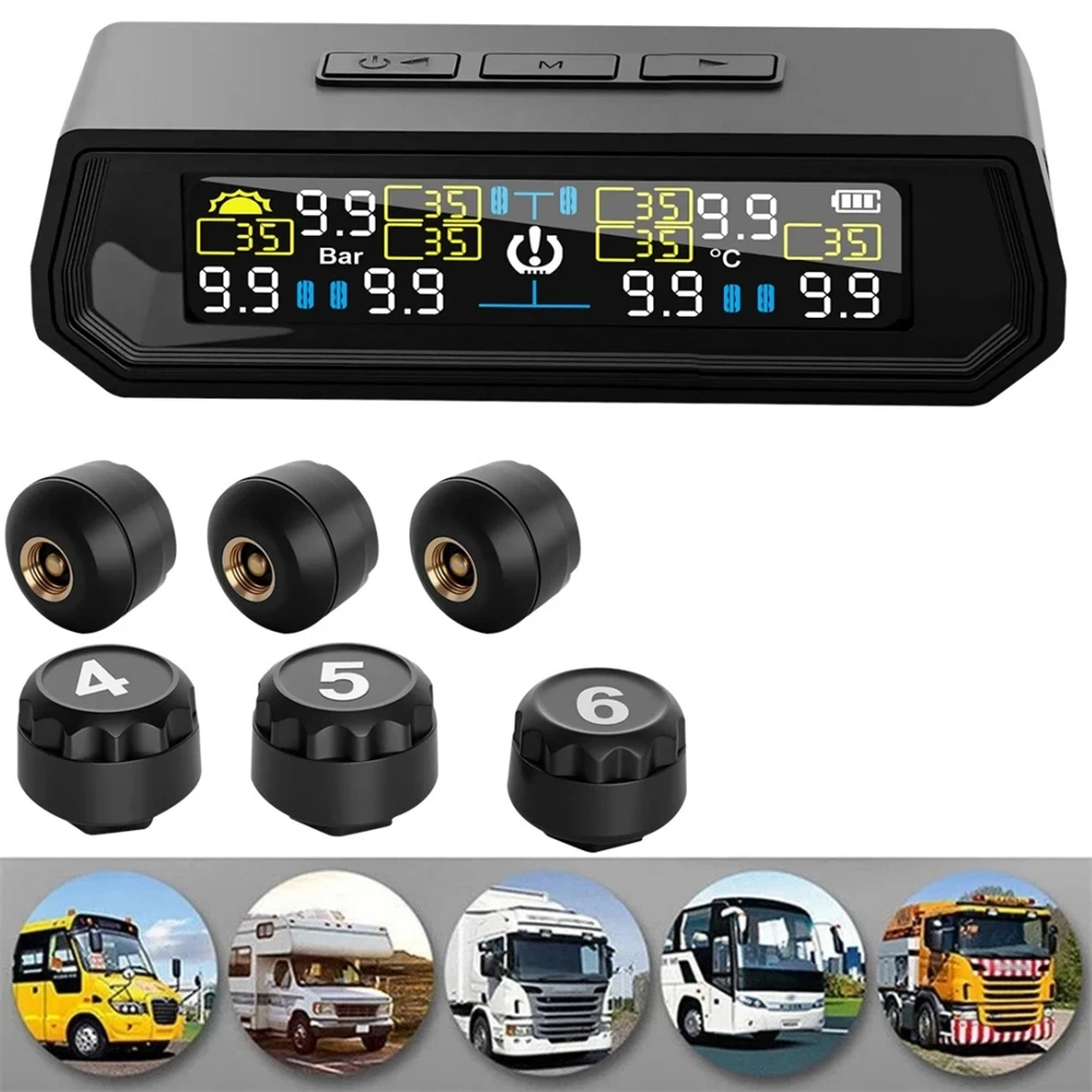 Sistema di monitoraggio della pressione dei pneumatici solare Allarme di sicurezza intelligente TPMS Monitoraggio della temperatura dei pneumatici Camion RV ad alta precisione con 6 sensori