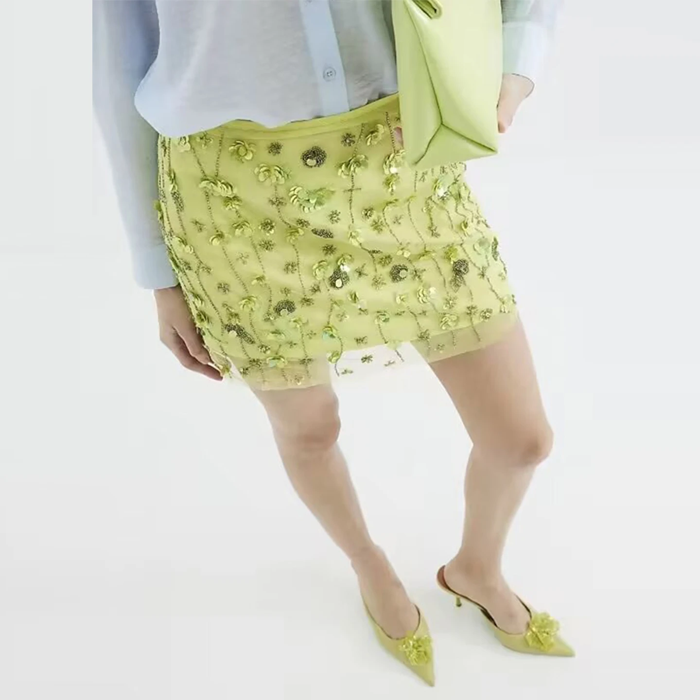 

Z 2025 New Faion Me See-tough Beaded 3D Flower ort f Skirt Women's Commute Sle High Waist A-line Skirt
