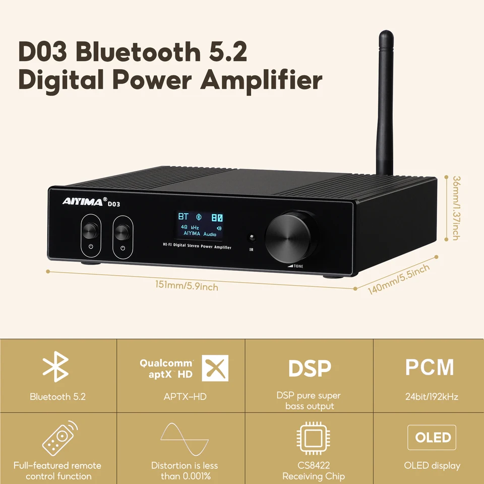 AIYIMA D03 Bluetooth アンプ 150Wx2 ステレオ HiFi サウンドアンプ