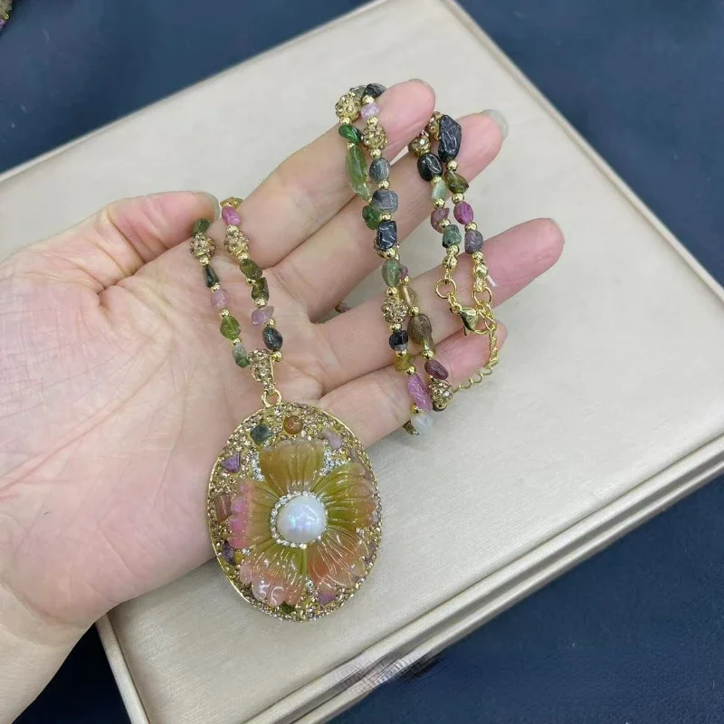 Natural tourmaline stone flower set with pearl four pieces of high-end luxury women\'s banquet jewelry