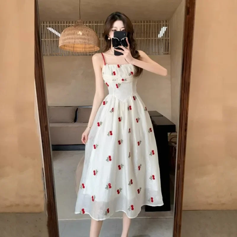 Women Summer White Cherry Slip Dress New Elegant Floral Dresses Chic Cottagecore Dresses Slim Sweet French Style Girl Party Wear