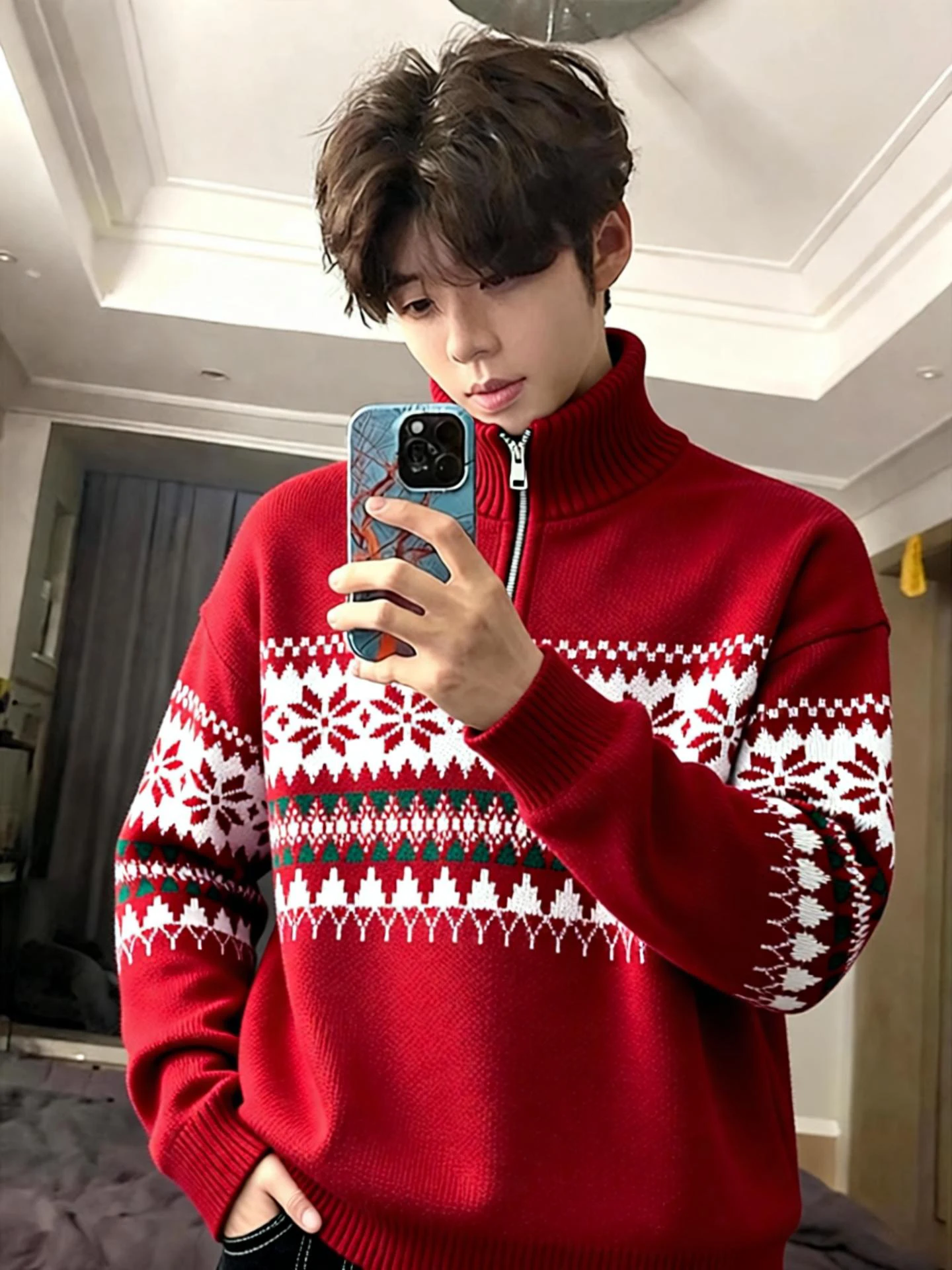 

American Sle Fair Isle High Collar f Zip Red Knitwear Men's Winter Trendy New Year Aosphere Knitted Sweater Jaet