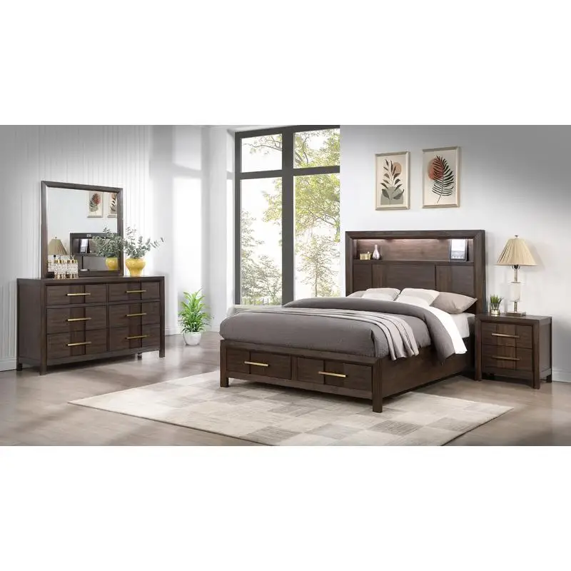 Modern Style King Storage Bedroom Set, 4PC, Wood, LED Headboard, Bluetooth Speakers, USB Ports, Walnut Finish, Ideal for