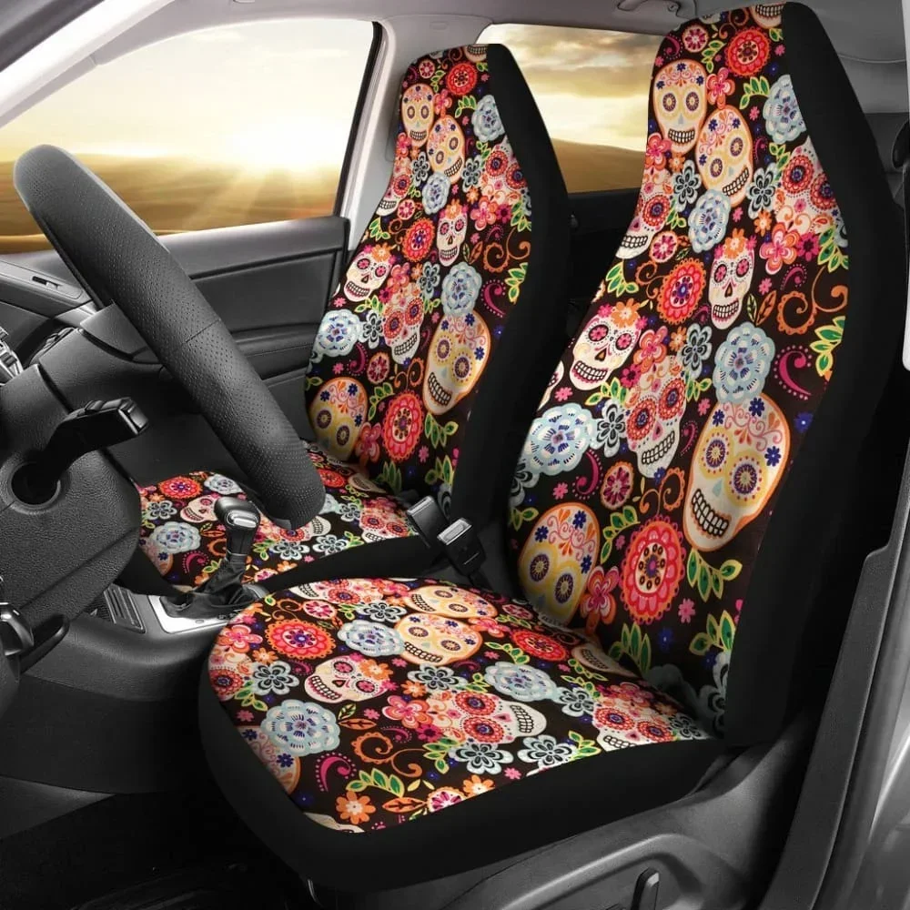 2 Pcs Sugar Skull Car Seat Cover Sugar Skulls,Pack of 2 Universal Front Seat Protective Cover